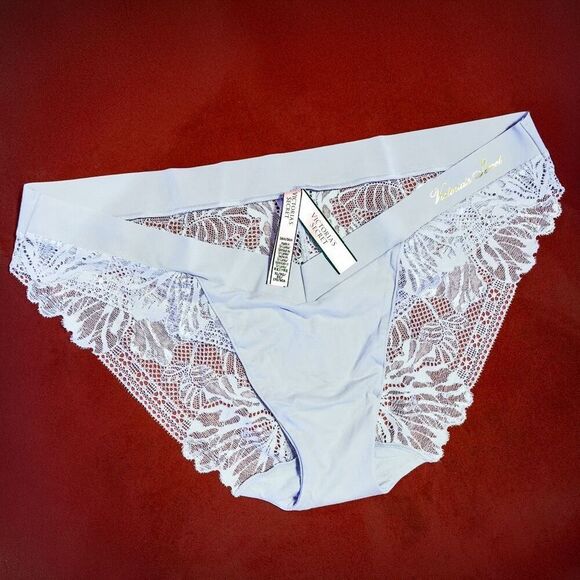 NWT (XL) Victoria’s Secret Luxe Bikini Panty - Light Blue with Sheer Lace Back - Picture 1 of 11